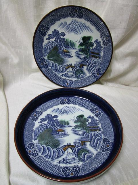 昭和レトロ TAMAGAWA-TOKI 玉川陶器 スズ木製 彩色山水 大皿 2枚組 未 